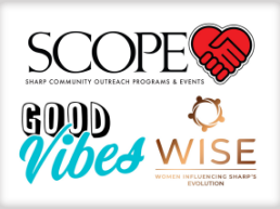 Sharp Business resource group logos - SCOPE, WISE, and Good Vibes